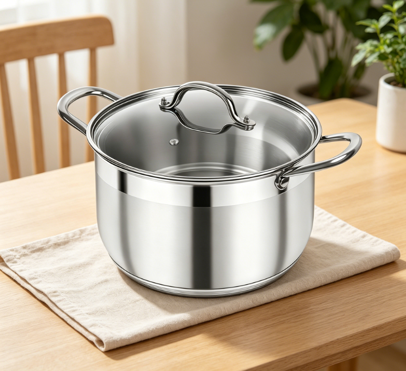 Thick-bottomed stainless steel soup pot with visible lid